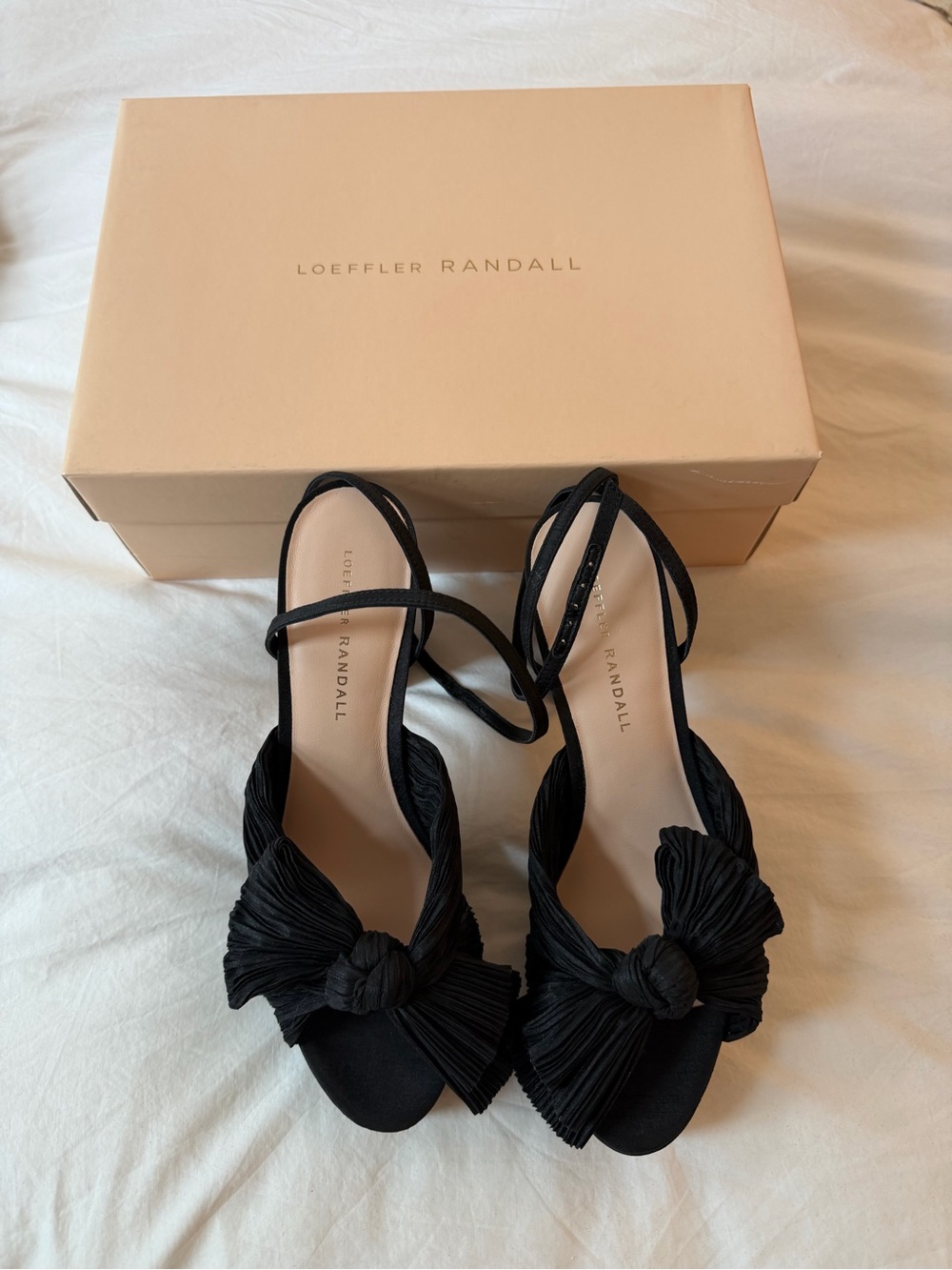 Loeffler Randall Black Pleated Bow Ankle-Strap Heels